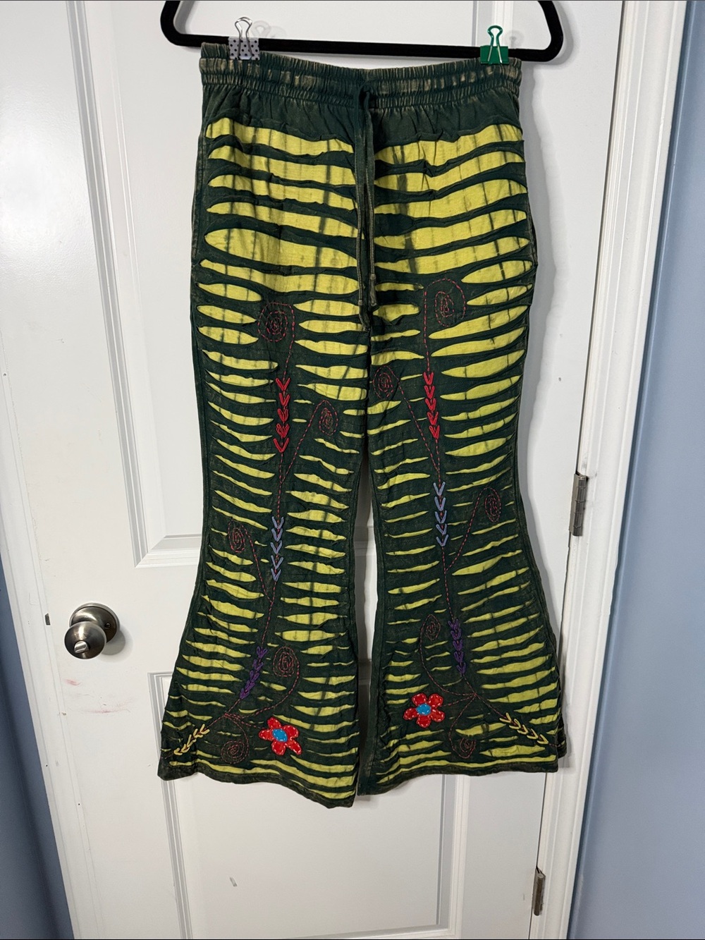 Embroidered Wide-Leg Flare Pants in Green and Yellow